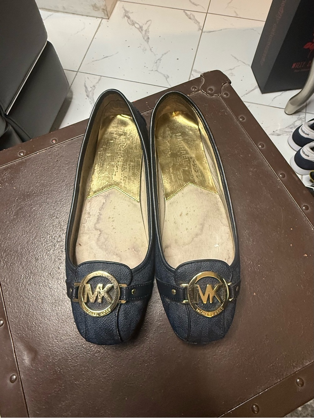 Michael Kors Navy Leather MK Logo Loafers with Gold Hardware